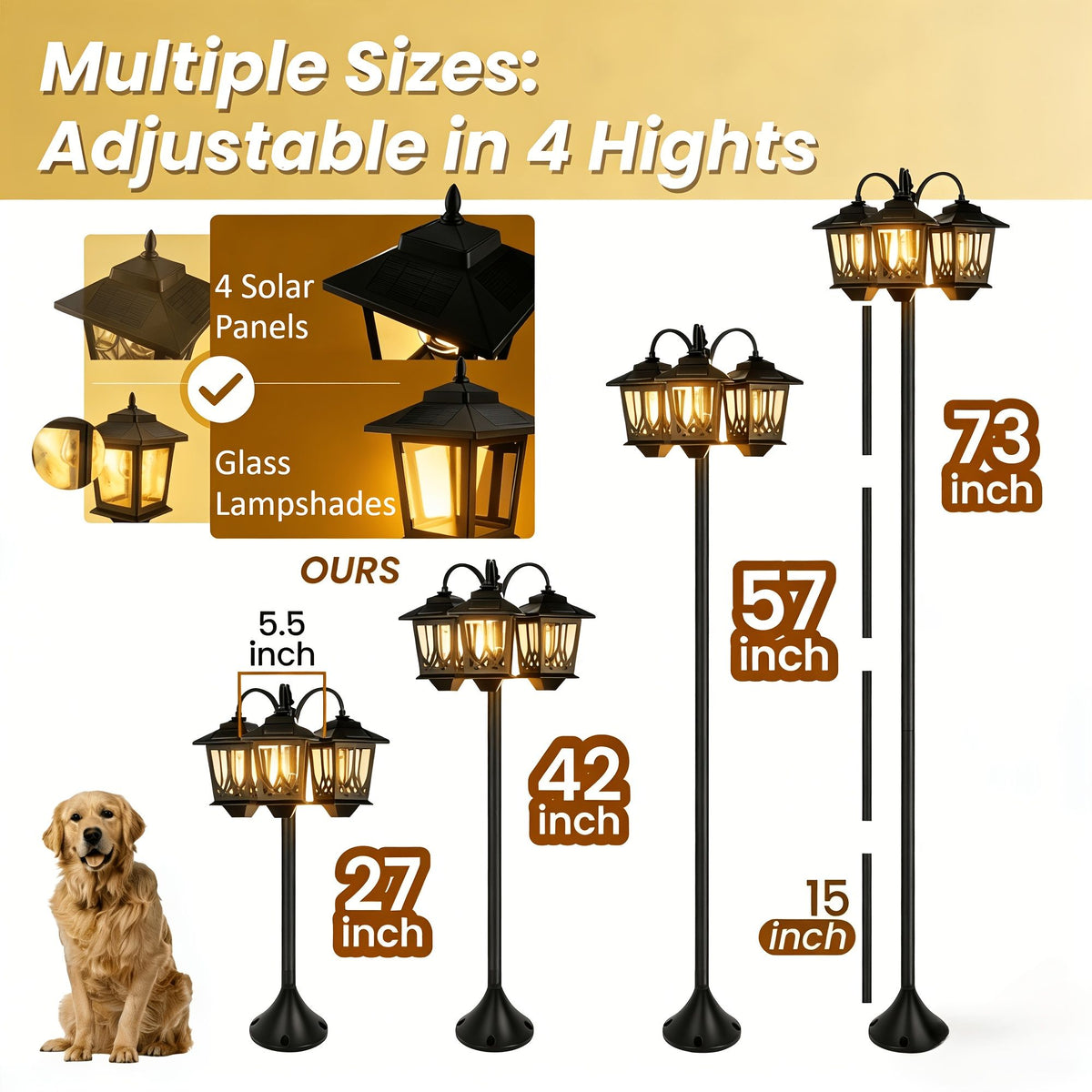 3-Headed Solar Outdoor Post Light 73 Inch Dusk to Dawn