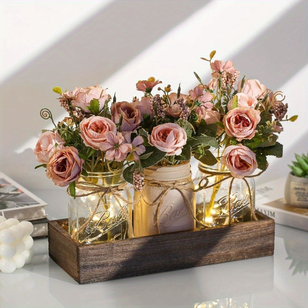 Mason Jar Centerpiece Set with Wood Tray and LED Light