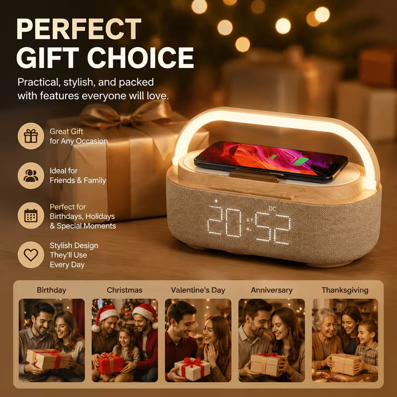 Wireless Charging Alarm Clock Radio with Speaker and LED Night Light