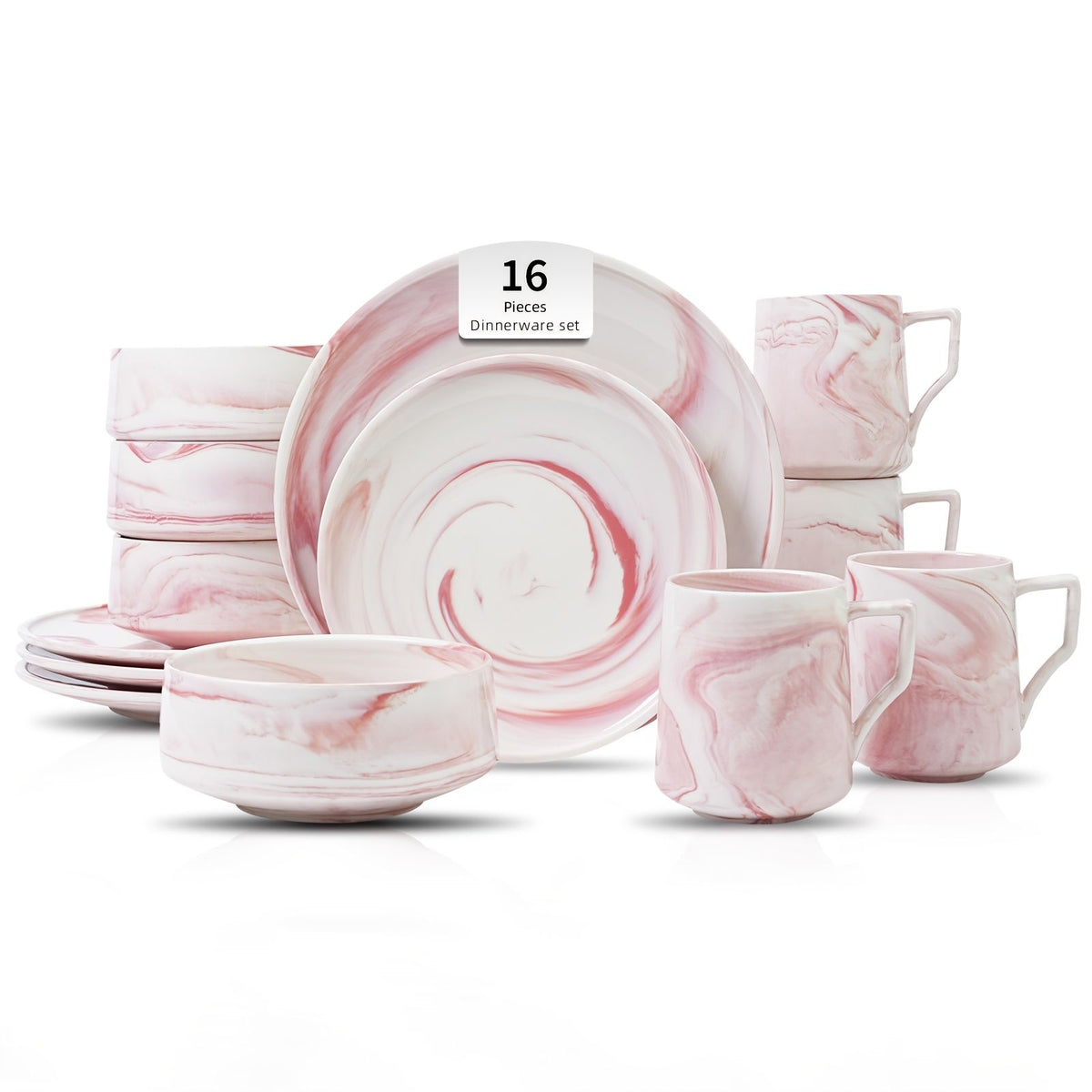 Marbled Round Ceramic Dinnerware Set with Plates and Bowls