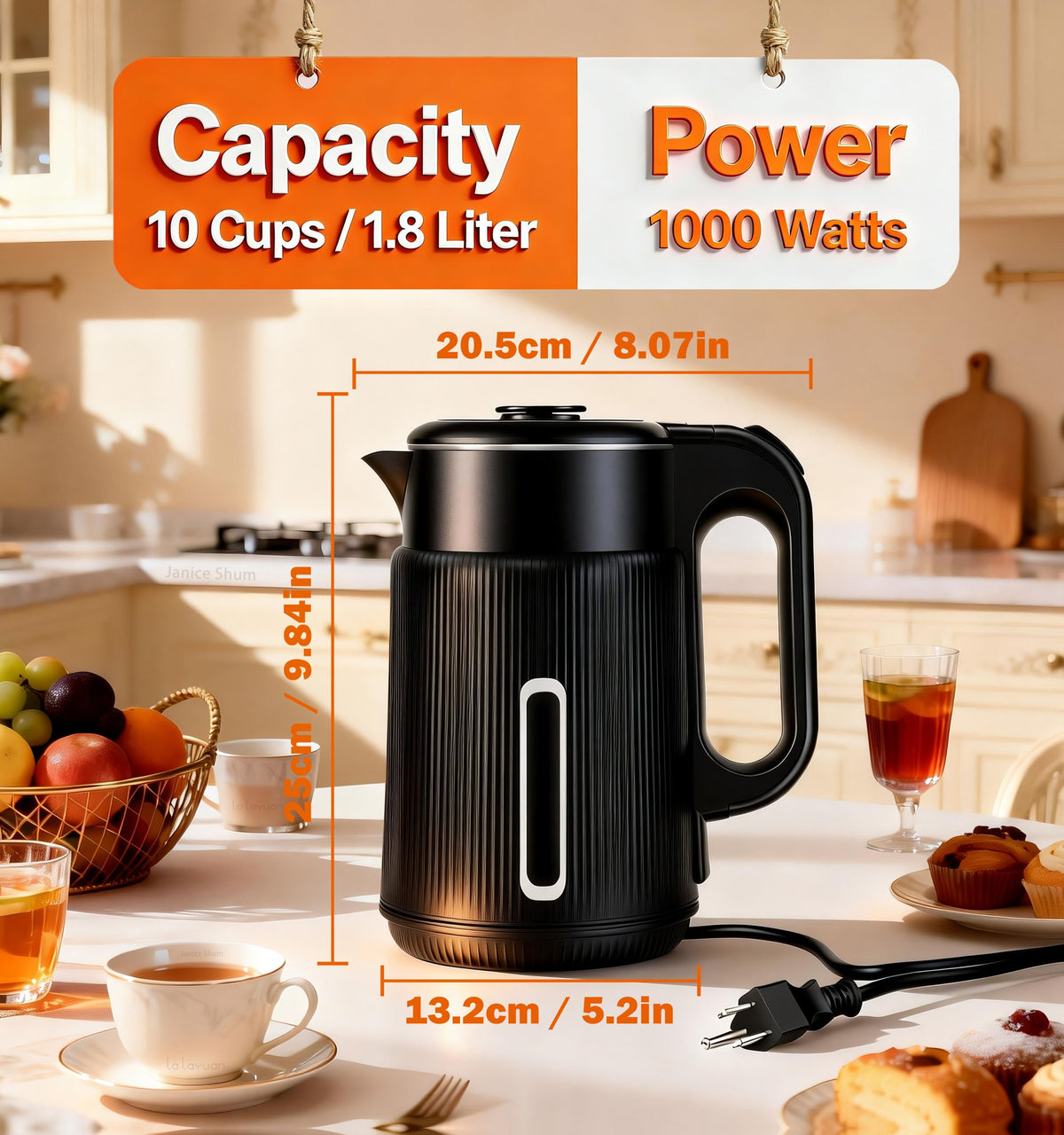 1000W Electric Kettle 1.7L Water Boiler 304 Stainless Steel Double Wall Auto Shut Off