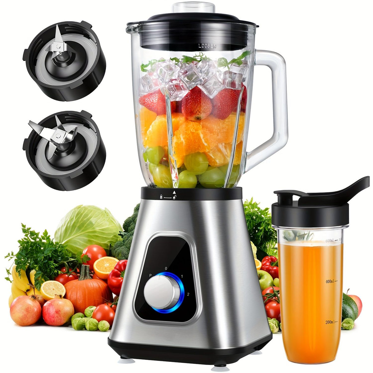 Powerful Countertop Blender with 52oz Glass Jar and 22oz Travel Cup Silvery