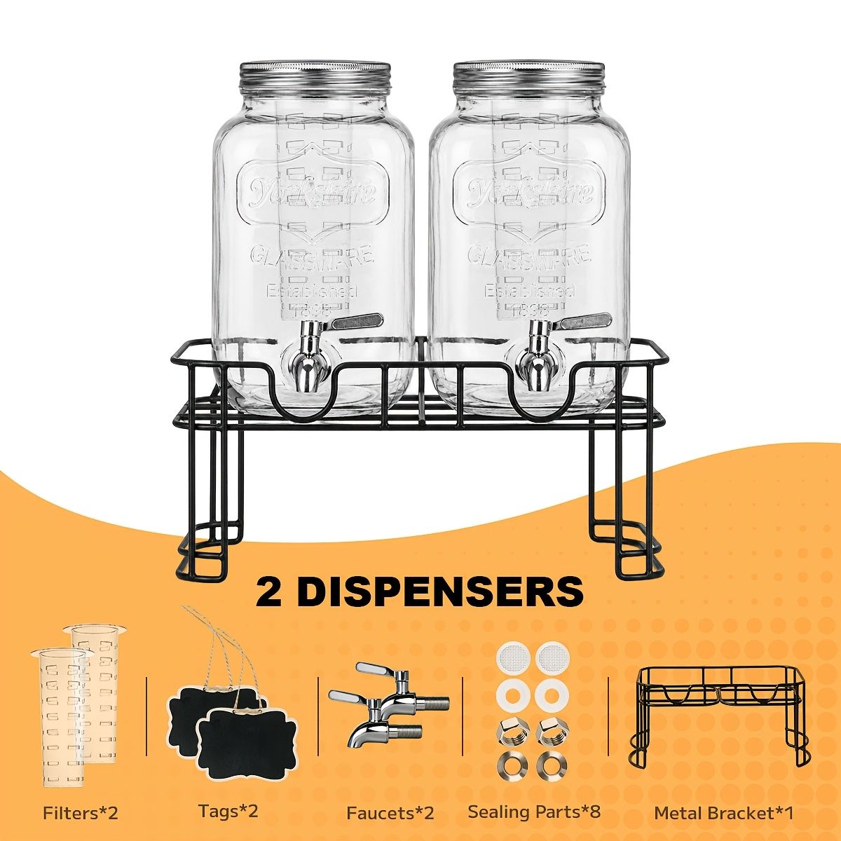 2 Pack 1 Gallon Glass Drink Dispenser with Stand and Stainless Steel Spigot