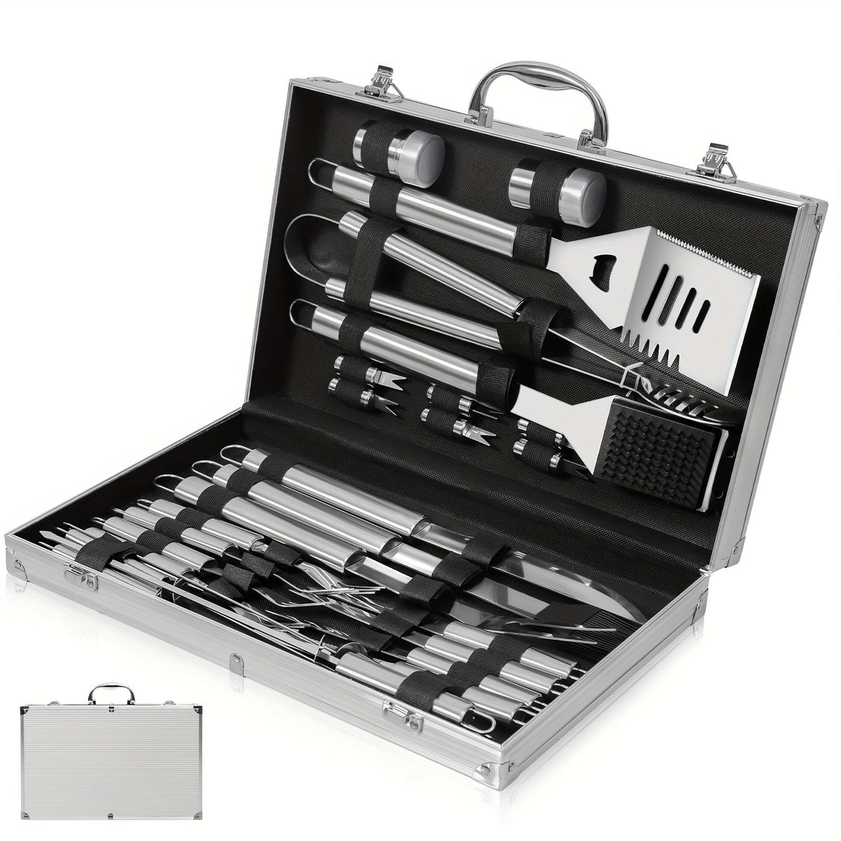 Heavy Duty Stainless Steel BBQ Accessories Set with Aluminum Storage Case