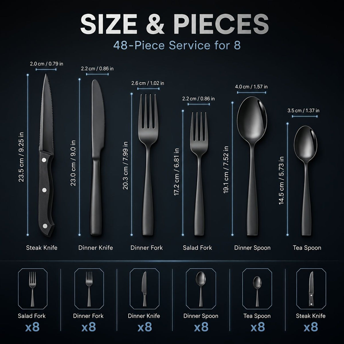 48-Piece Black Stainless Steel Flatware Set with Steak Knives