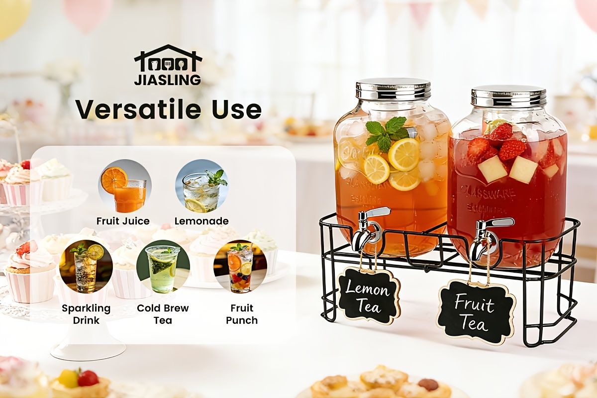 2 Pack 1 Gallon Glass Drink Dispenser with Stand and Stainless Steel Spigot
