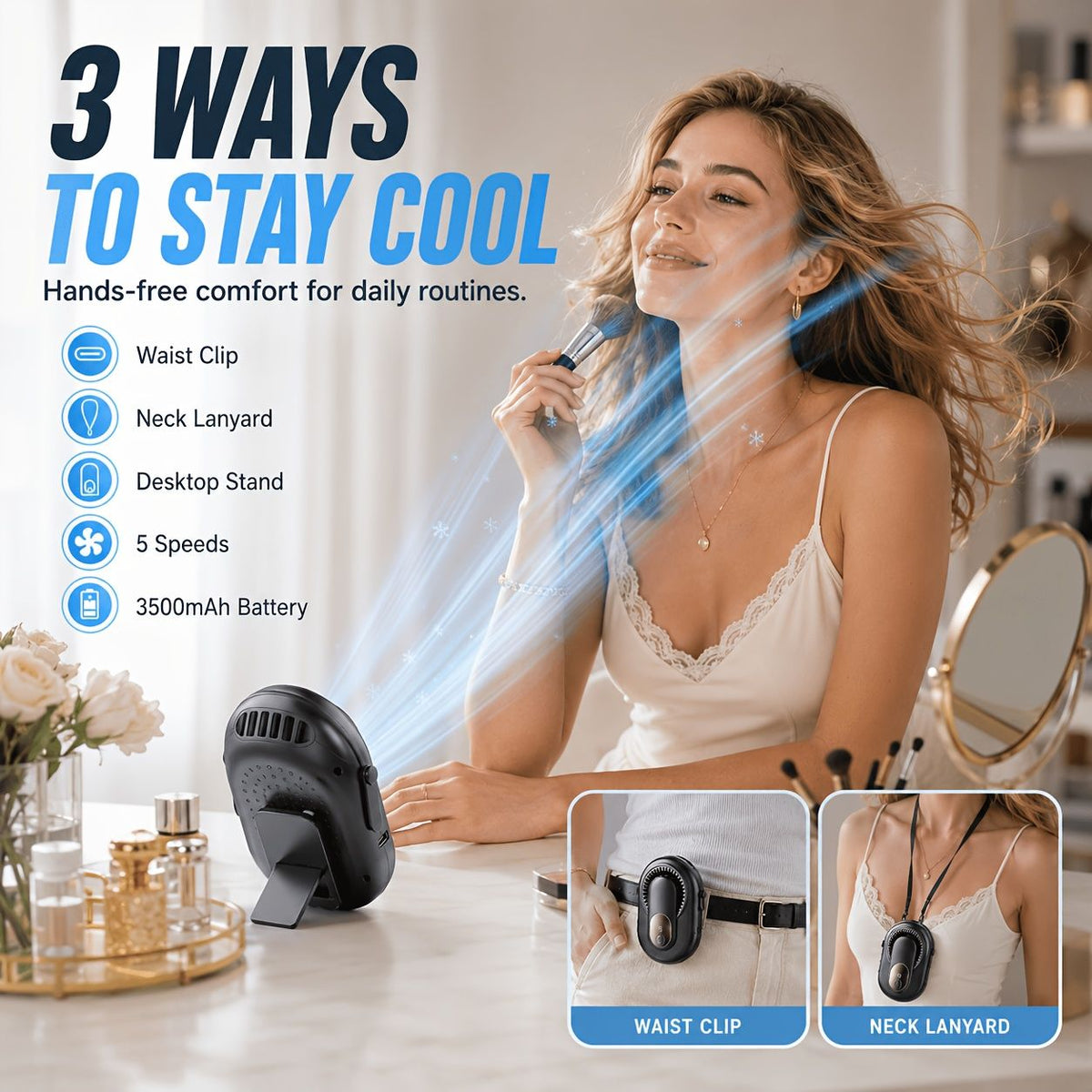 Portable Waist and Neck Fan with Lanyard and Desk Stand