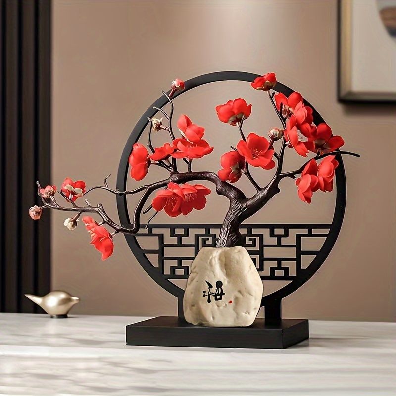 Artificial Plum Blossom Bonsai with Vase and Screen Base