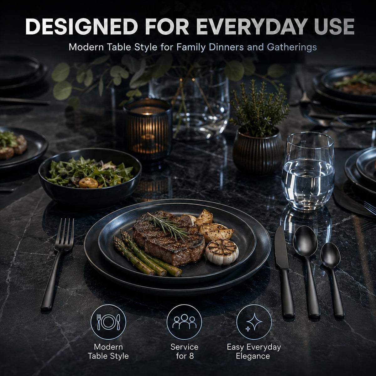 48-Piece Black Stainless Steel Flatware Set with Steak Knives