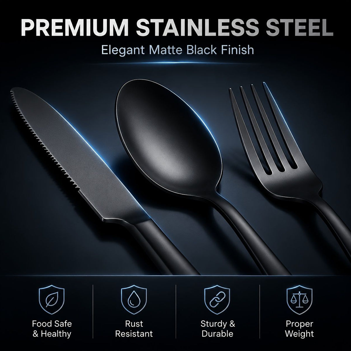 48-Piece Black Stainless Steel Flatware Set with Steak Knives