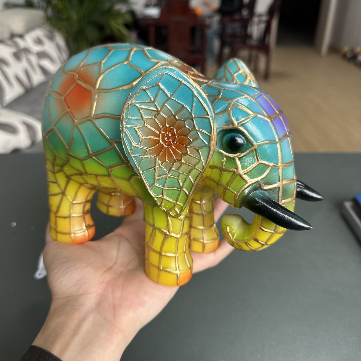 Stained Glass Elephant LED Lamp USB Resin Sculpture