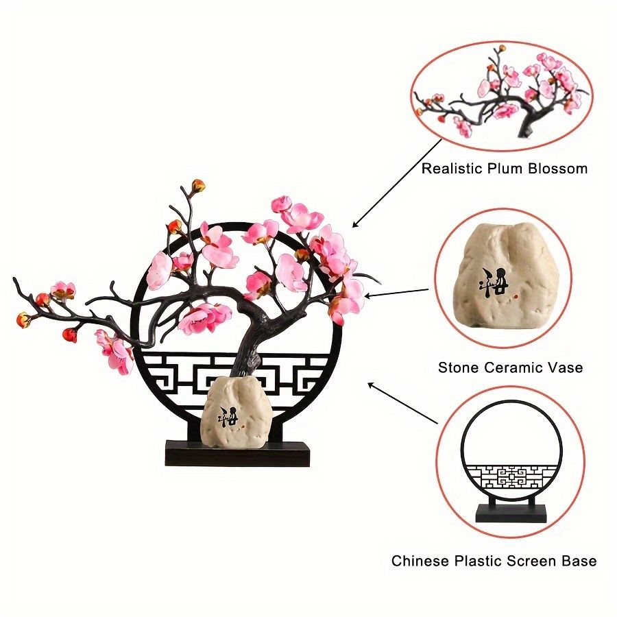 Artificial Plum Blossom Bonsai with Vase and Screen Base