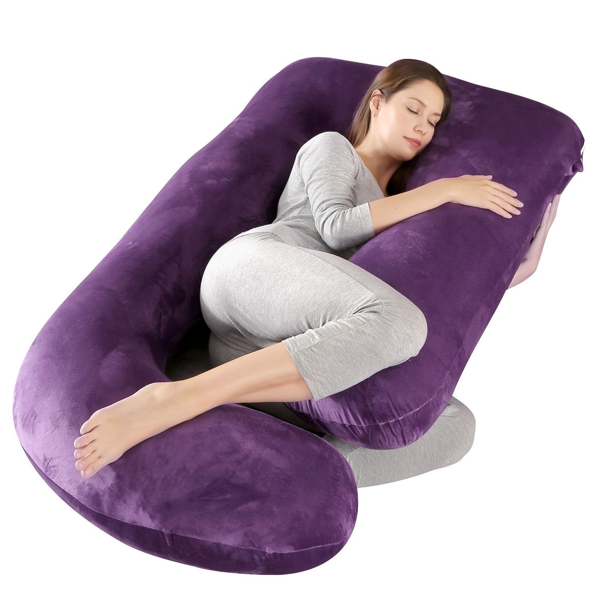 60 Inch J-Shaped Full Body Maternity Pillow with Velvet Pillowcase