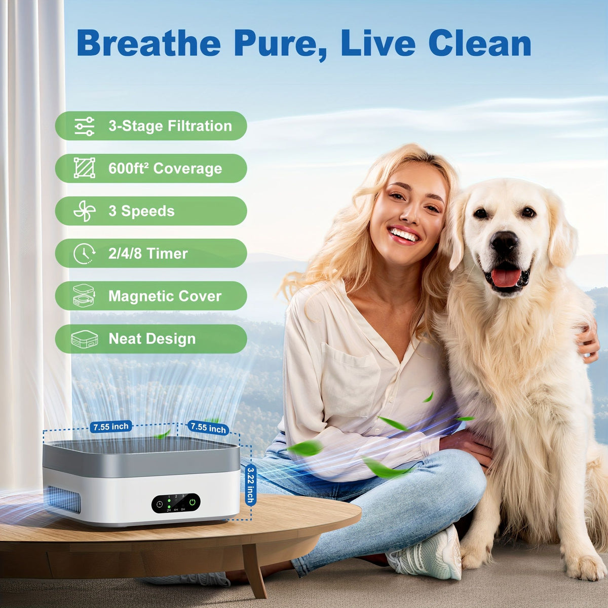 Quiet Air Purifier for Bedroom and Pets