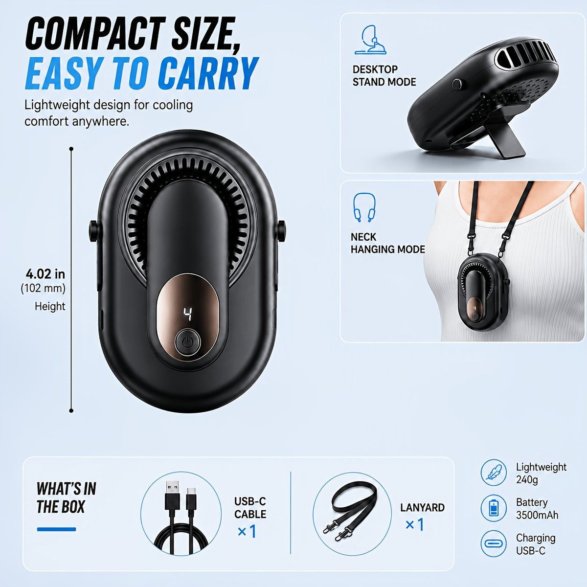 Portable Waist and Neck Fan with Lanyard and Desk Stand