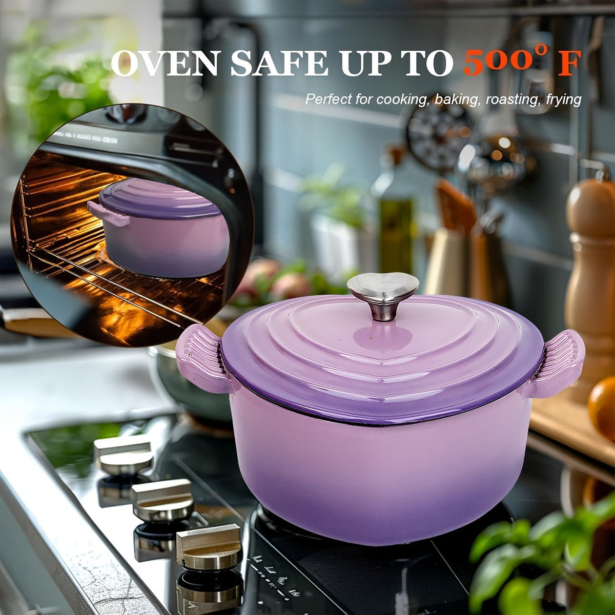 3-Quart Heart-Shaped Enamel Cast Iron Dutch Oven with Lid Purple