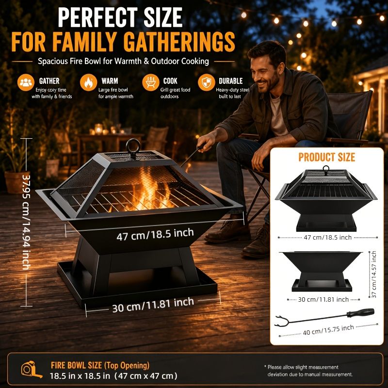 4-in-1 Wood Burning Fire Pit with Cooking Screen and Poker