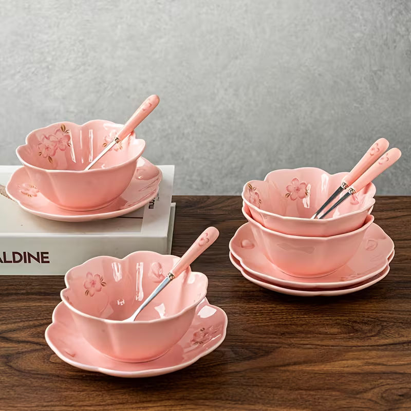 5-Inch Cherry Blossom Ceramic Salad Bowl Set with Plate and Spoon Pink