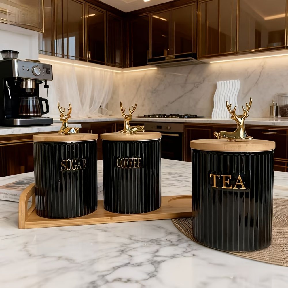 3-Piece Deer Head Ceramic Storage Jar Set with Base