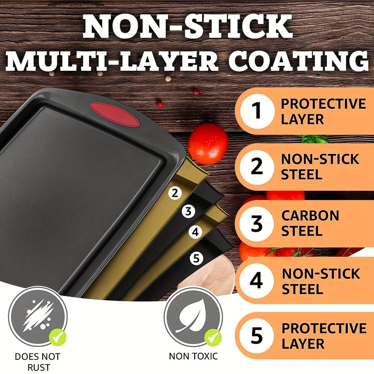 Non Stick Steel Baking Pan Set with Red Silicone Handles