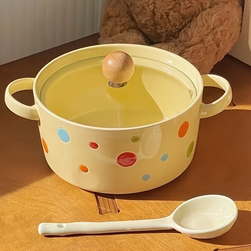 Colorful Polka Dot Ceramic Noodle Bowl with Lid