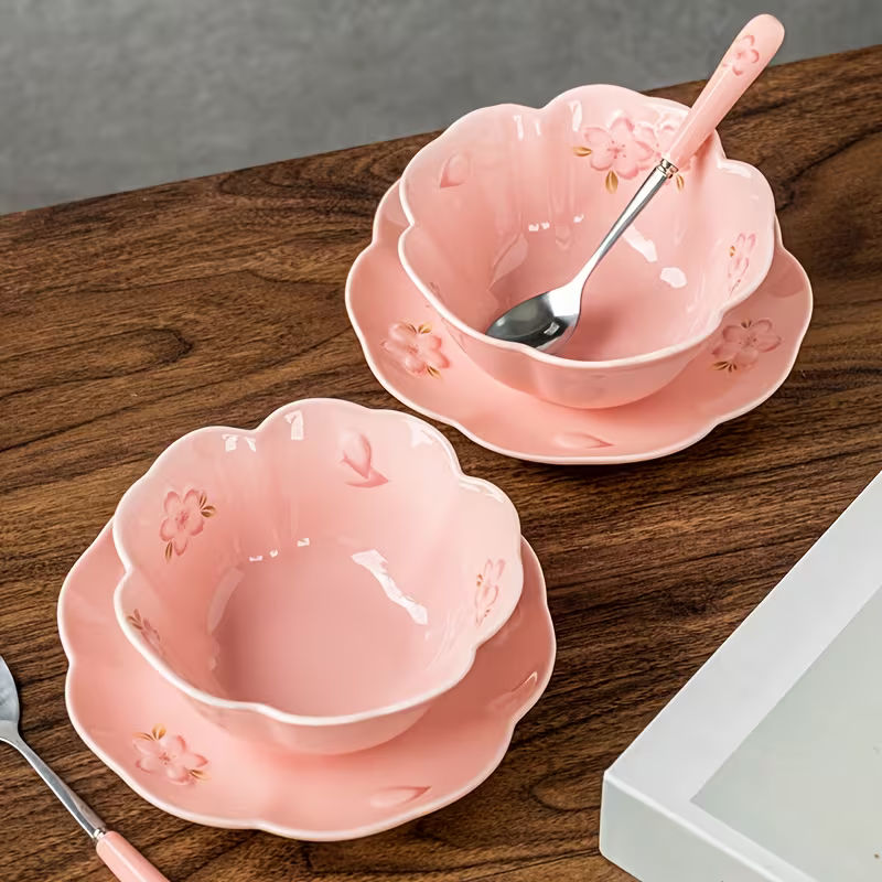 5-Inch Cherry Blossom Ceramic Salad Bowl Set with Plate and Spoon Pink