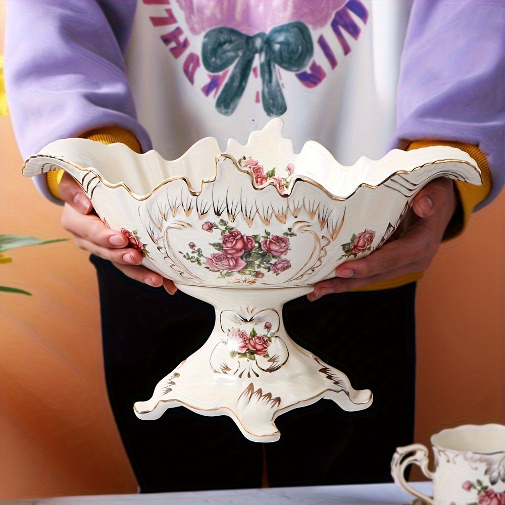 13-Inch Oval Ceramic Fruit Plate with Pedestal Foot Stand