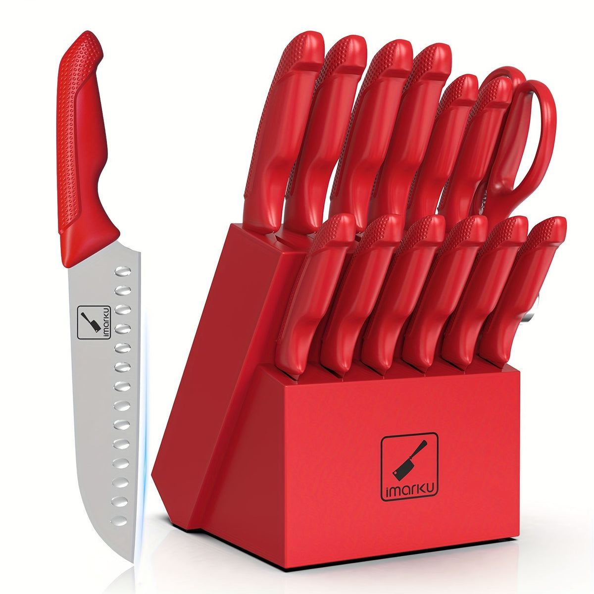 14-Piece Stainless Steel Kitchen Knife Set with Sharpener Block Red