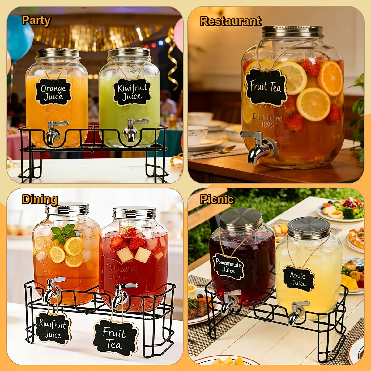 2 Pack 1 Gallon Glass Drink Dispenser with Stand and Stainless Steel Spigot
