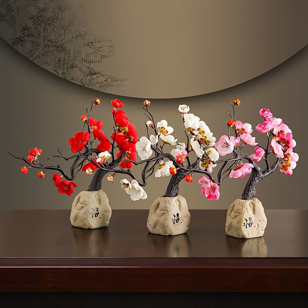 Artificial Plum Blossom Bonsai with Vase and Screen Base