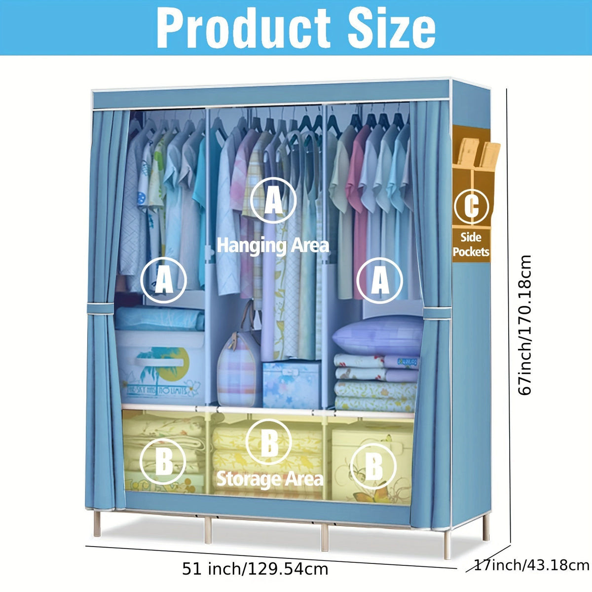 Portable Closet Storage Organizer Wardrobe Rack Shelf