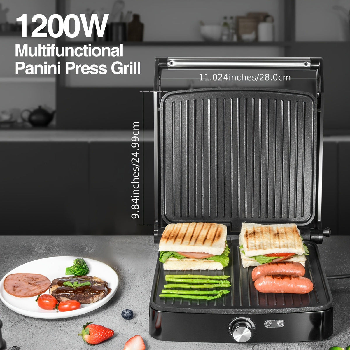 1200W Nonstick Sandwich Maker Grill with Adjustable Temperature