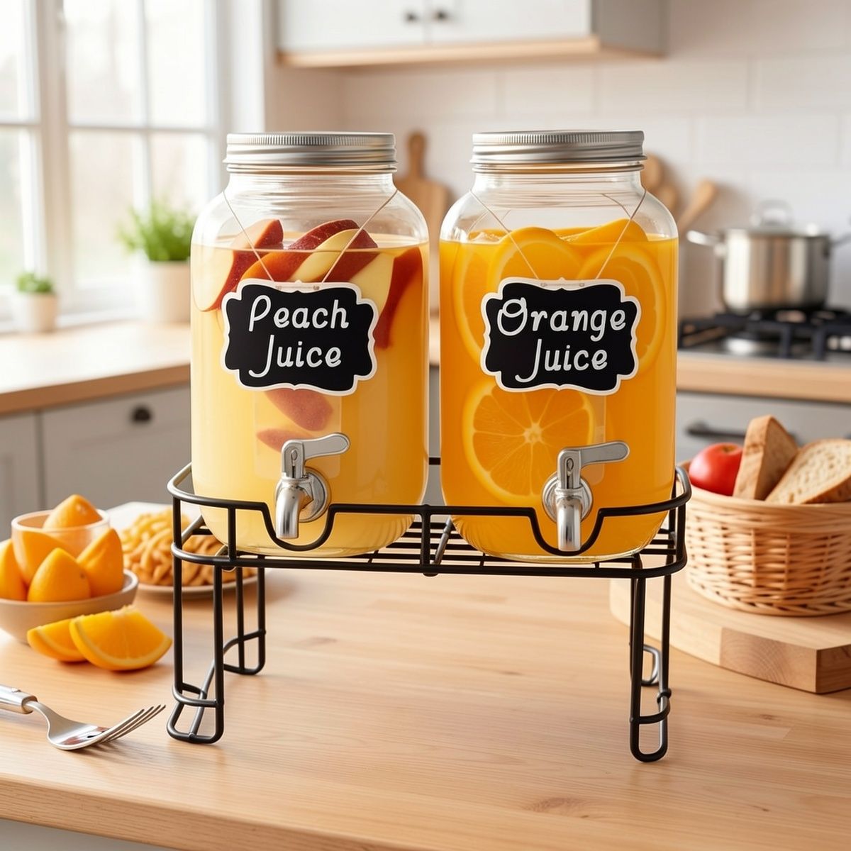 2 Pack 1 Gallon Glass Drink Dispenser with Stand and Stainless Steel Spigot