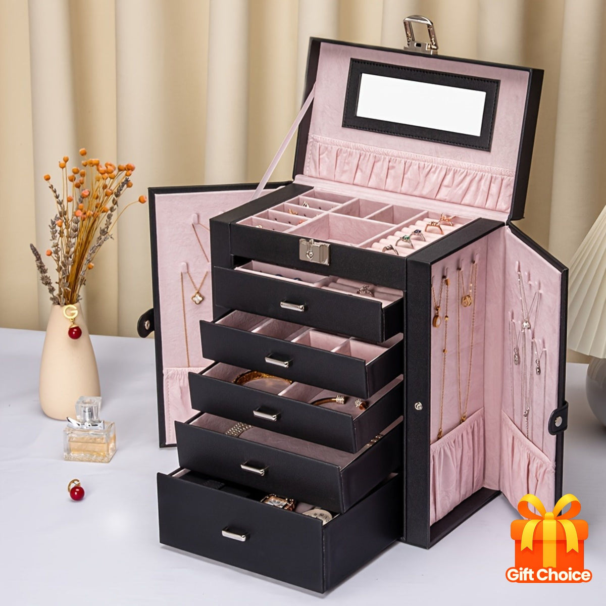 6-Tier Large Jewelry Box Organizer with 5 Drawers and Mirror