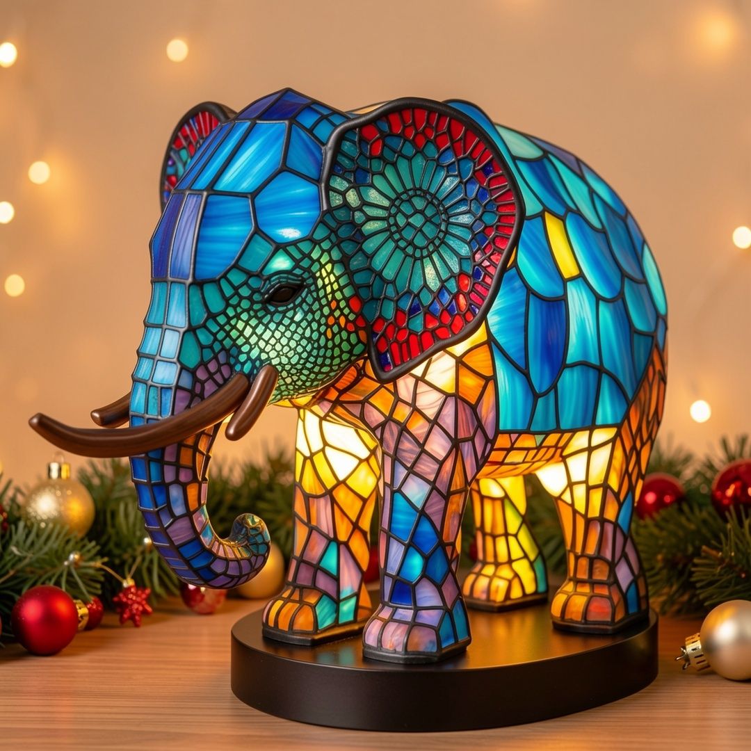 Stained Glass Elephant LED Lamp USB Resin Sculpture
