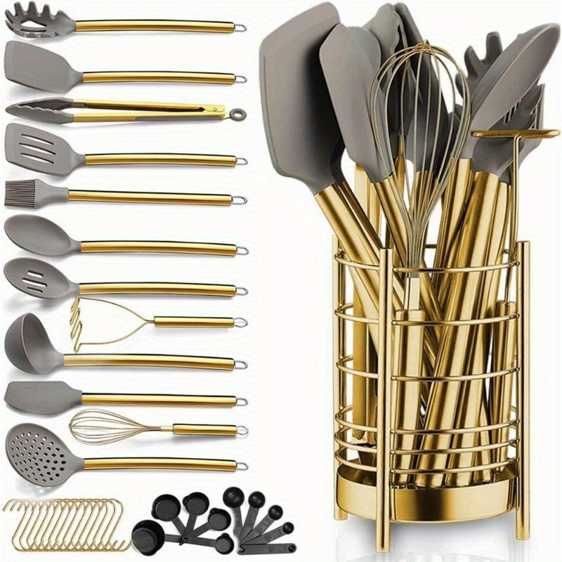 38-Piece Stainless Steel Cooking Utensil Set with Silicone Heads Gold