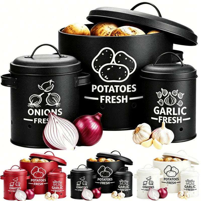 3-Piece Metal Vegetable Storage Set with Lids