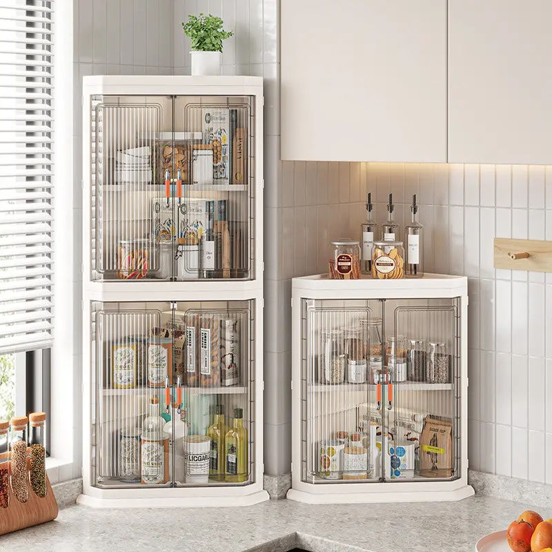 3-Tier Foldable Stackable Corner Storage Cabinet with Transparent Doors