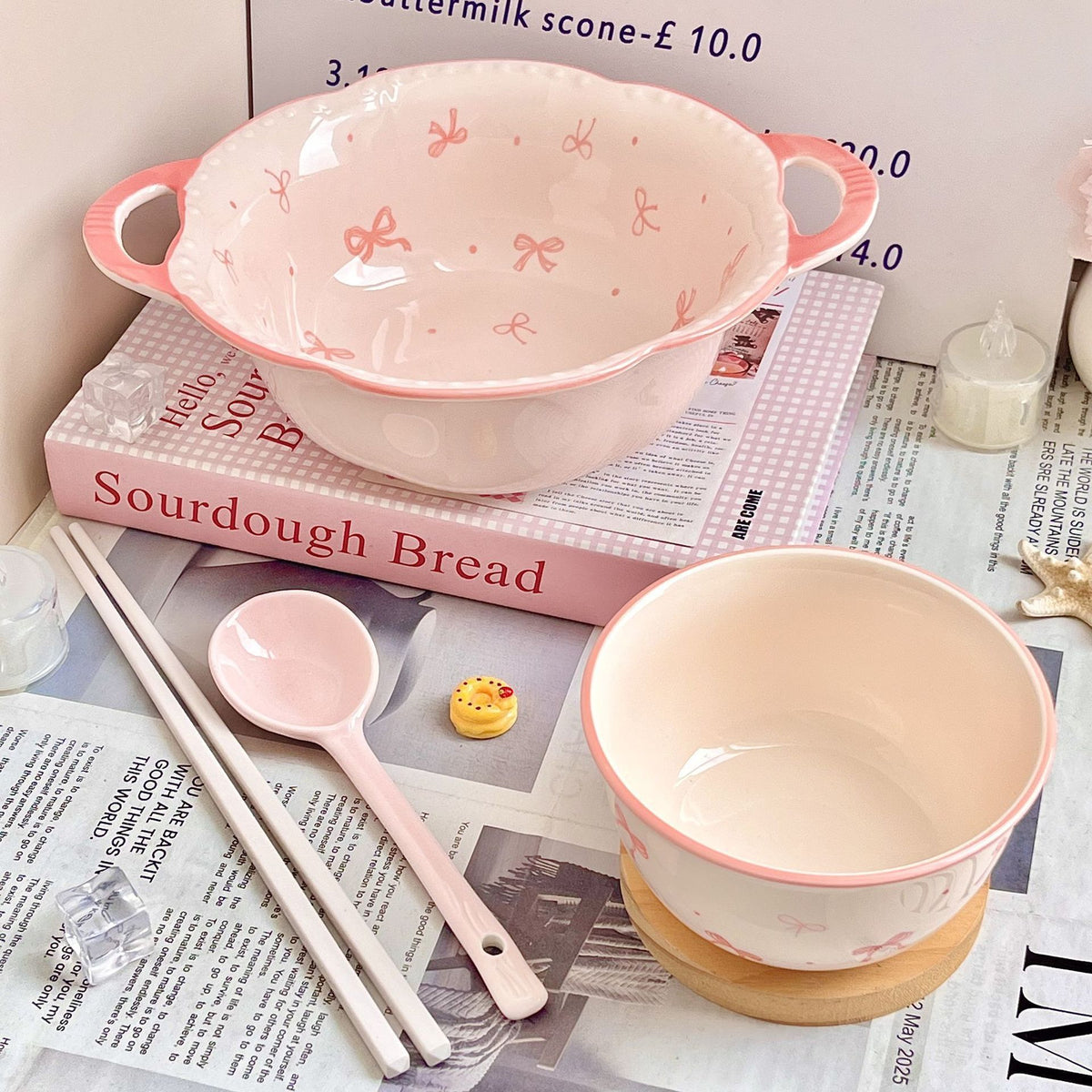 Large Ceramic Soup Bowl with Double Handles and Bowknot