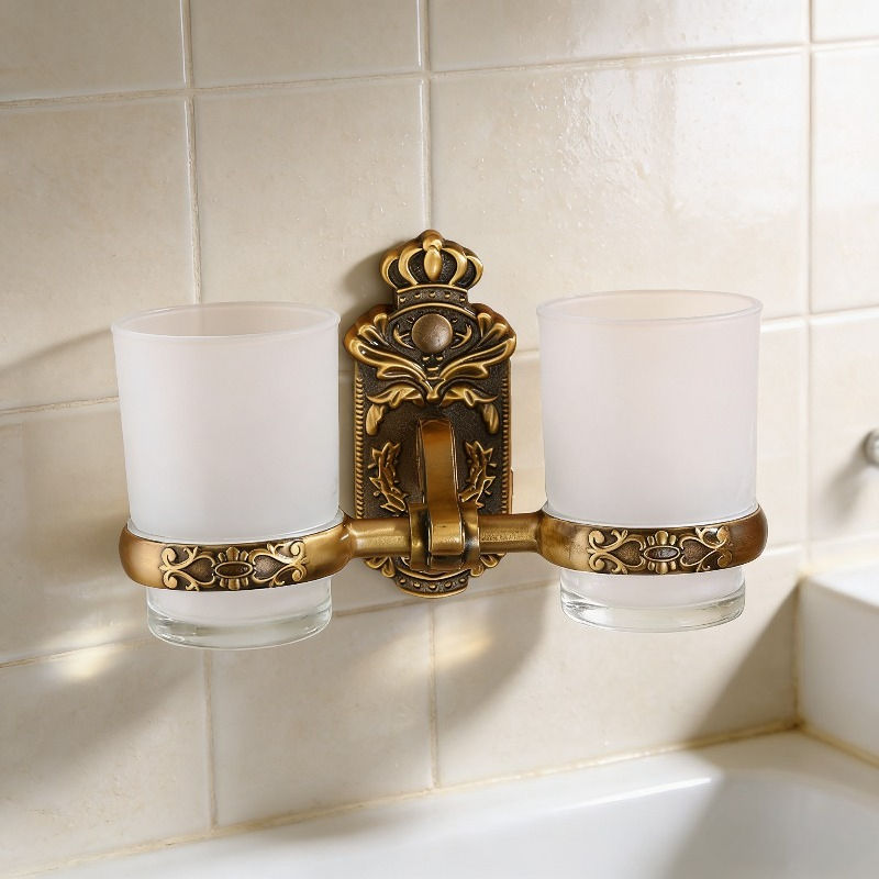 Modern Minimalist Wall-Mounted Double Cup Toothbrush Holder with Glass Base