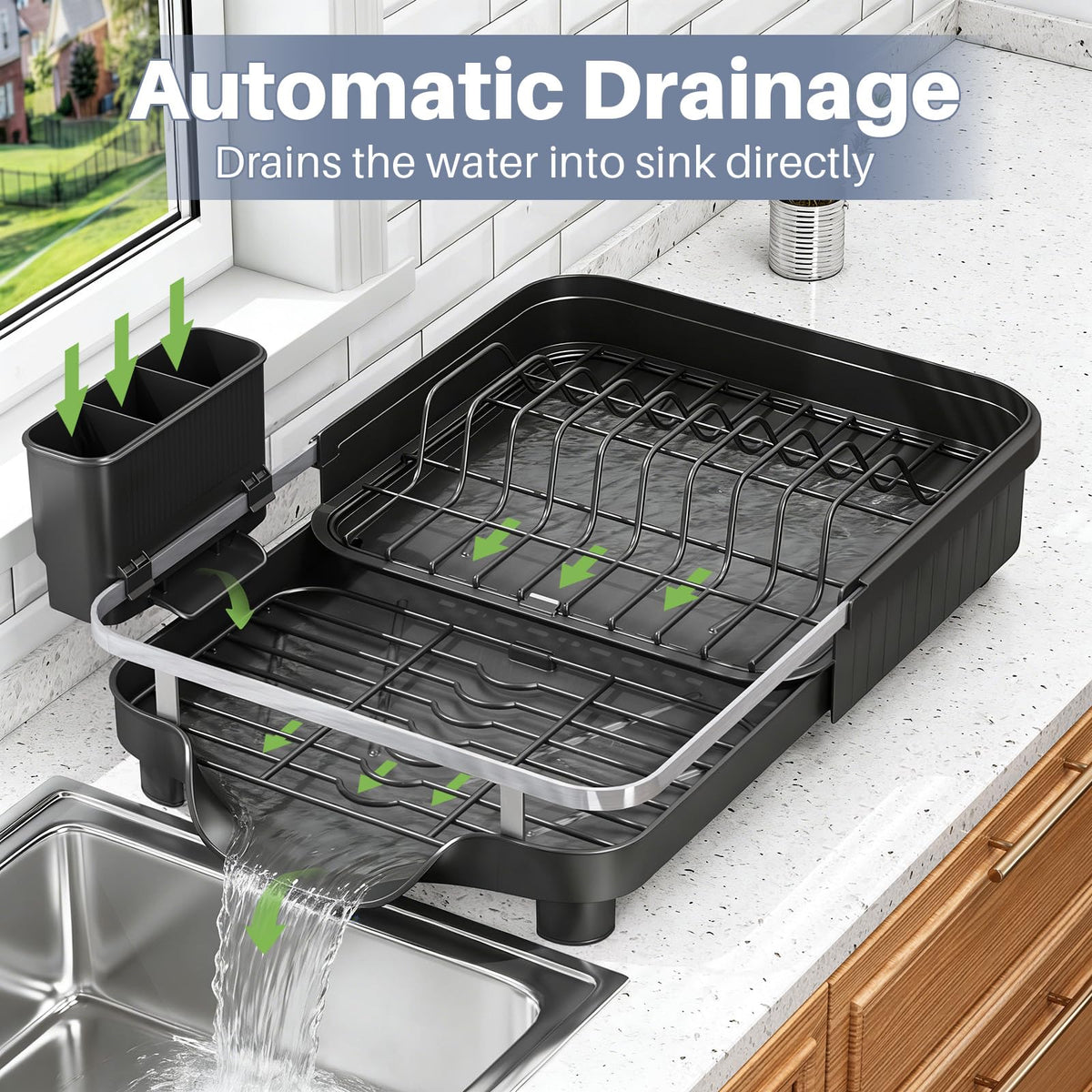 Expandable Stainless Steel Dish Drying Rack with Utensil Holder