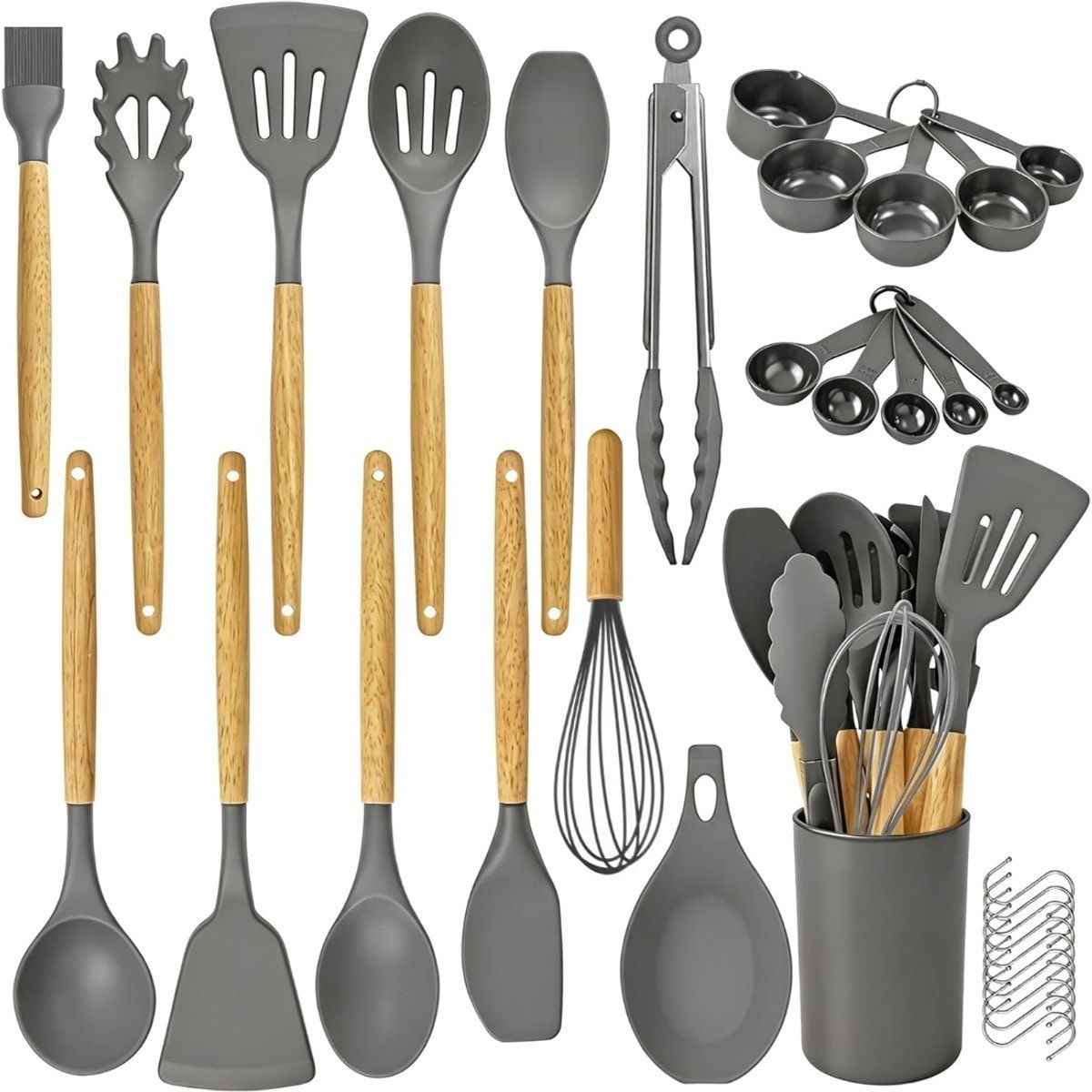 33-Piece Silicone Kitchen Utensils Set with Wooden Handles