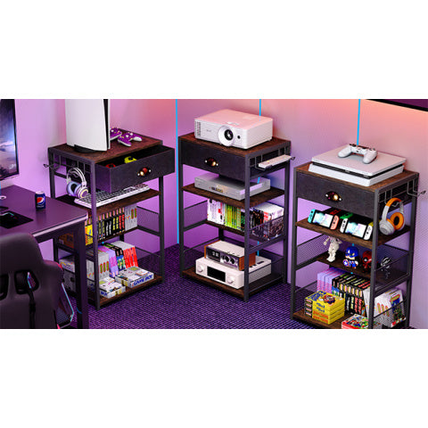 4-Tier Media Storage Tower with Drawer, Console Stand for PS5/Xbox/Switch