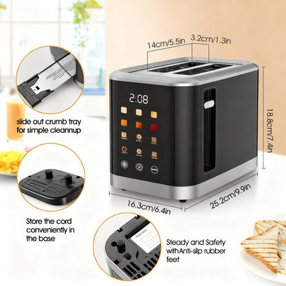 2-Slice Smart Toaster with LED Display – 8 Preset Modes, Defrost/Reheat/Cancel, Wide Slots & Removable Crumb Tray
