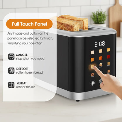 2-Slice Smart Toaster with LED Display – 8 Preset Modes, Defrost/Reheat/Cancel, Wide Slots & Removable Crumb Tray