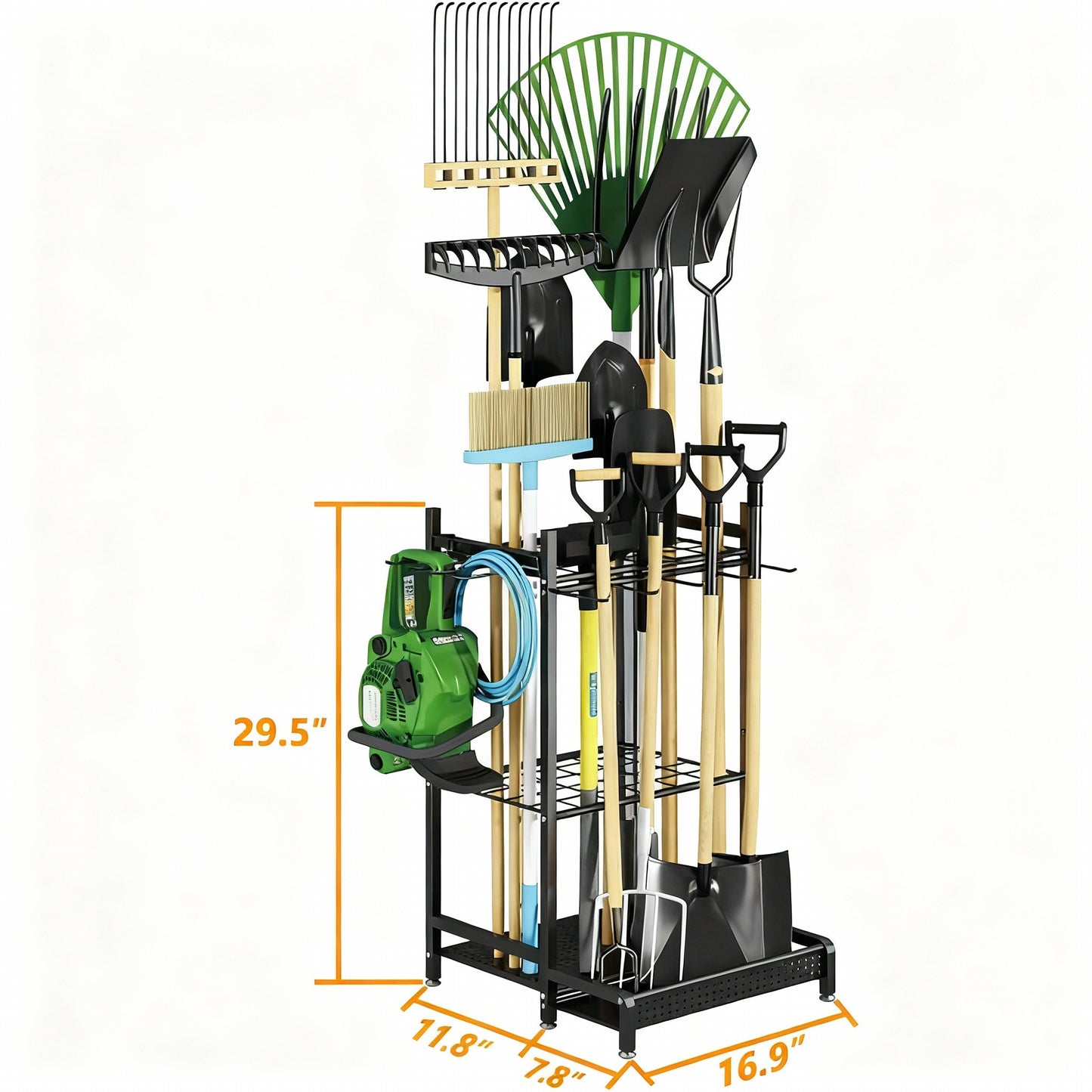 Heavy-Duty Garden Tool Organizer Rack for Garage & Yard – Metal Utility Storage Stand with Hooks for Rakes, Shovels, Brooms & Long-Handled Tools (Black)