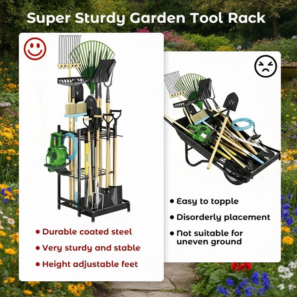 Heavy-Duty Garden Tool Organizer Rack for Garage & Yard – Metal Utility Storage Stand with Hooks for Rakes, Shovels, Brooms & Long-Handled Tools (Black)