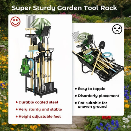 Heavy-Duty Garden Tool Organizer Rack for Garage & Yard – Metal Utility Storage Stand with Hooks for Rakes, Shovels, Brooms & Long-Handled Tools (Black)