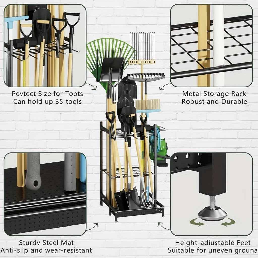 Heavy-Duty Garden Tool Organizer Rack for Garage & Yard