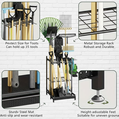 Heavy-Duty Garden Tool Organizer Rack for Garage & Yard – Metal Utility Storage Stand with Hooks for Rakes, Shovels, Brooms & Long-Handled Tools (Black)